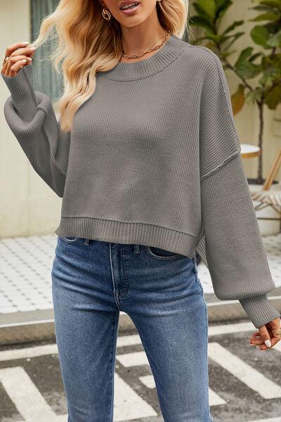 Round Neck Dropped Shoulder Crop Sweater - Sweater