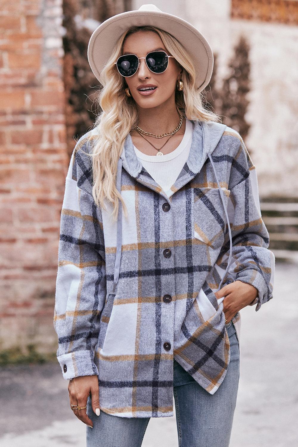 Plaid Dropped Shoulder Hooded Shacket - Jacket