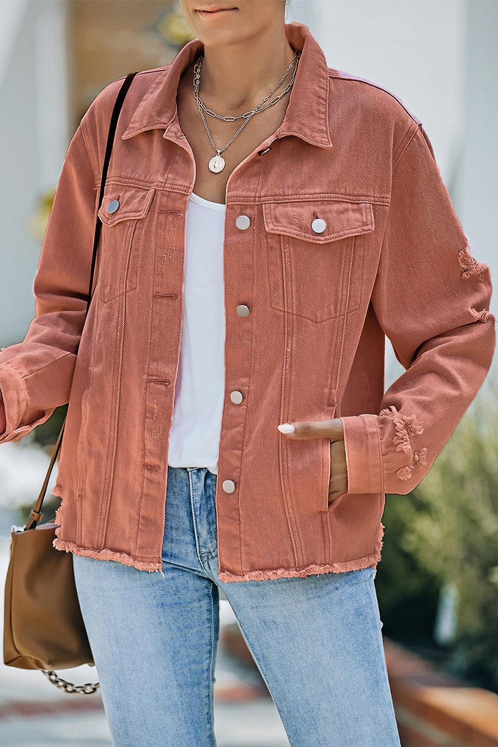 Distressed Raw Hem Denim Jacket - Jacket