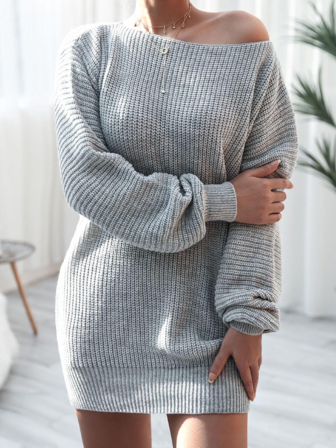 Rib-Knit Balloon Sleeve Boat Neck Sweater Dress - Dresses