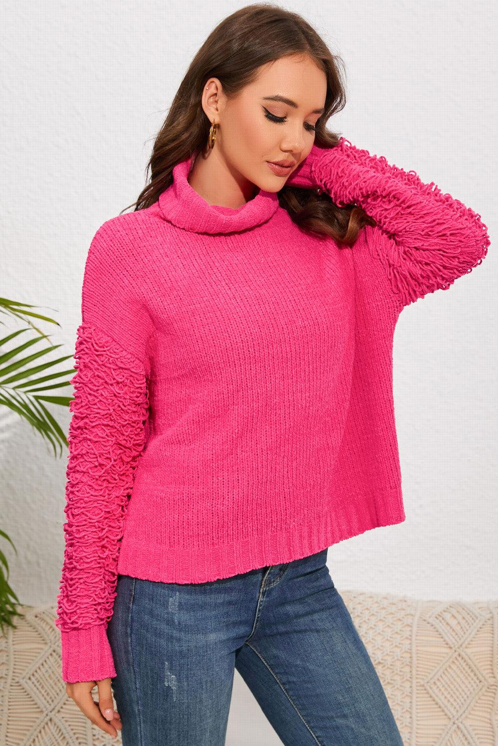 Ribbed Turtle Neck Long Sleeve Pullover Sweater - Sweater