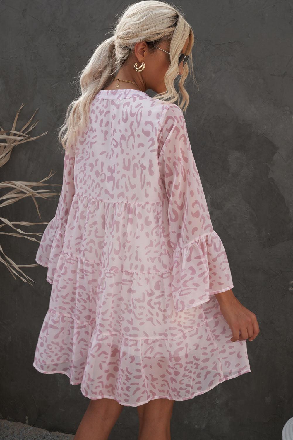 Printed Notched Neck Flare Sleeve Tiered Mini Dress - Dresses