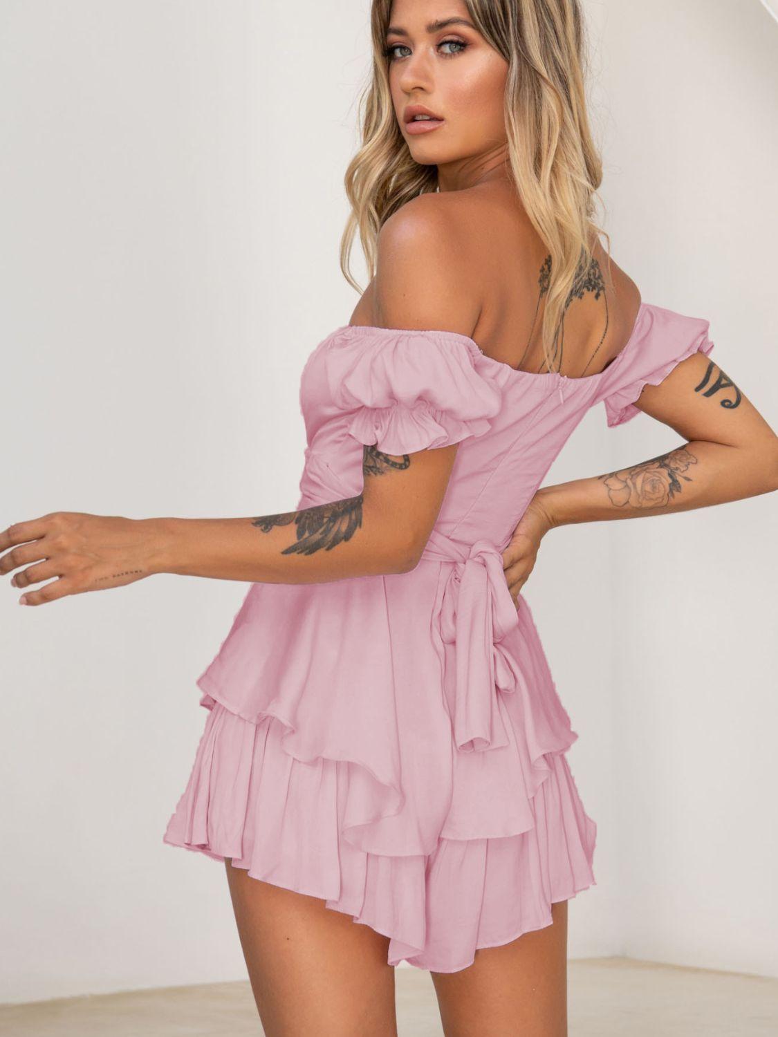 Off Shoulder Flounce Sleeve Layered Mini Dress - Dresses