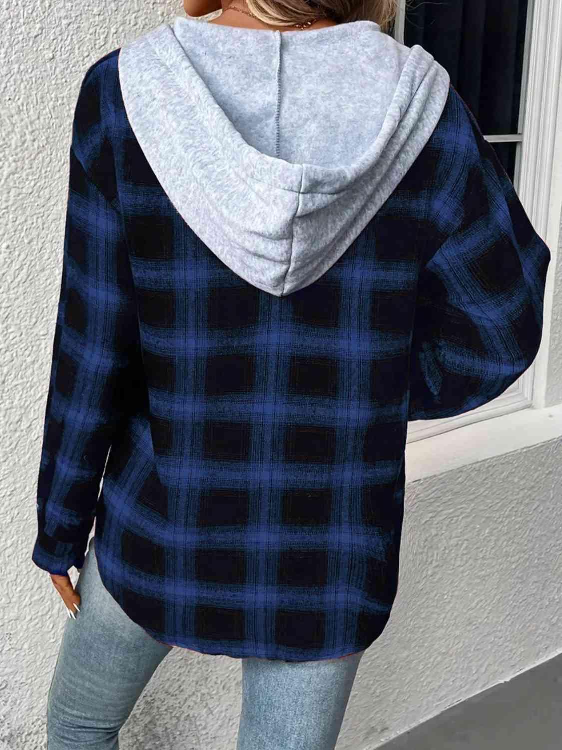 Plaid Drawstring Button Up Hooded Shacket - Jacket