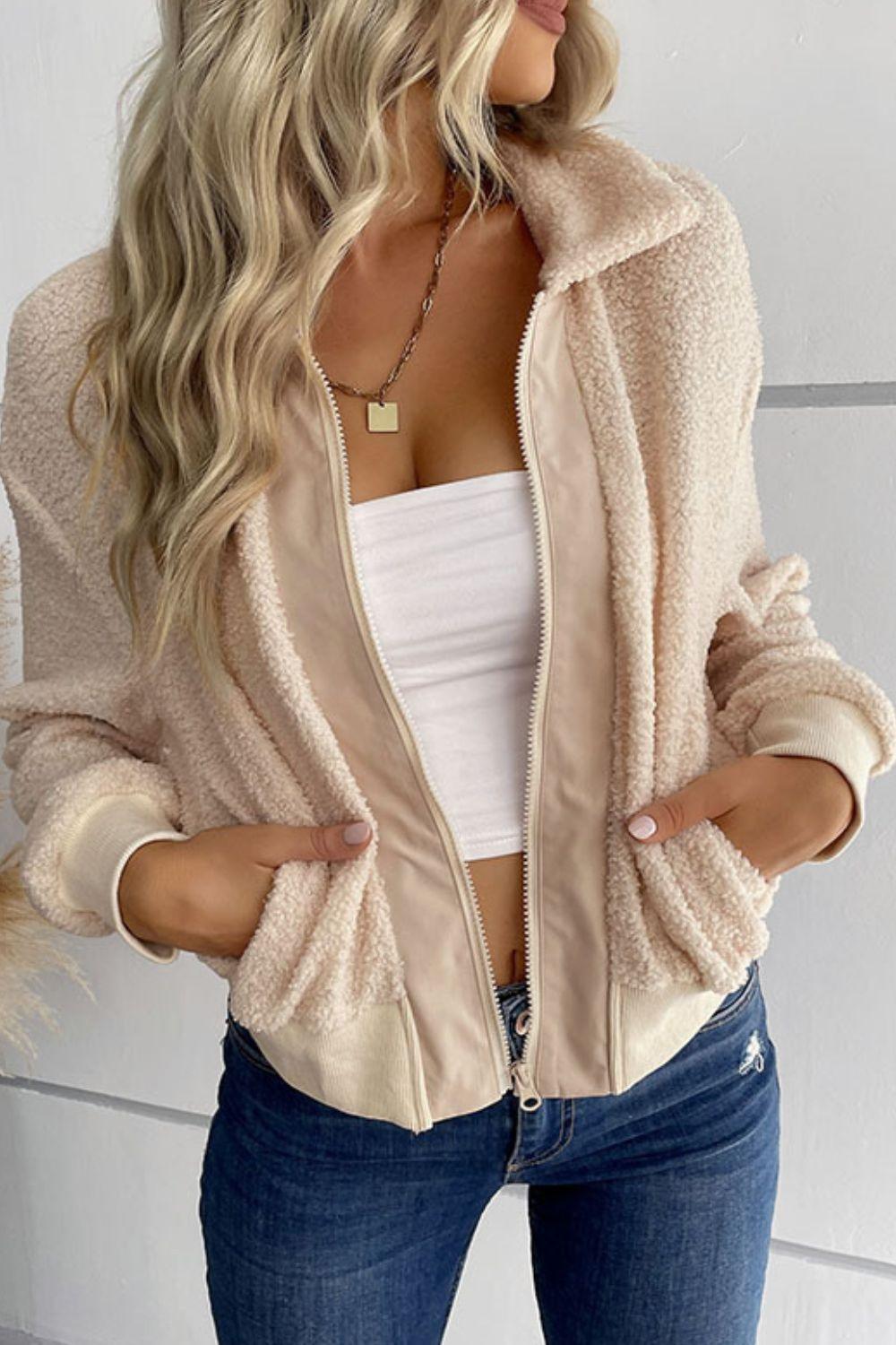 Collared Neck Zip-Up Cropped Sherpa Jacket - Jacket