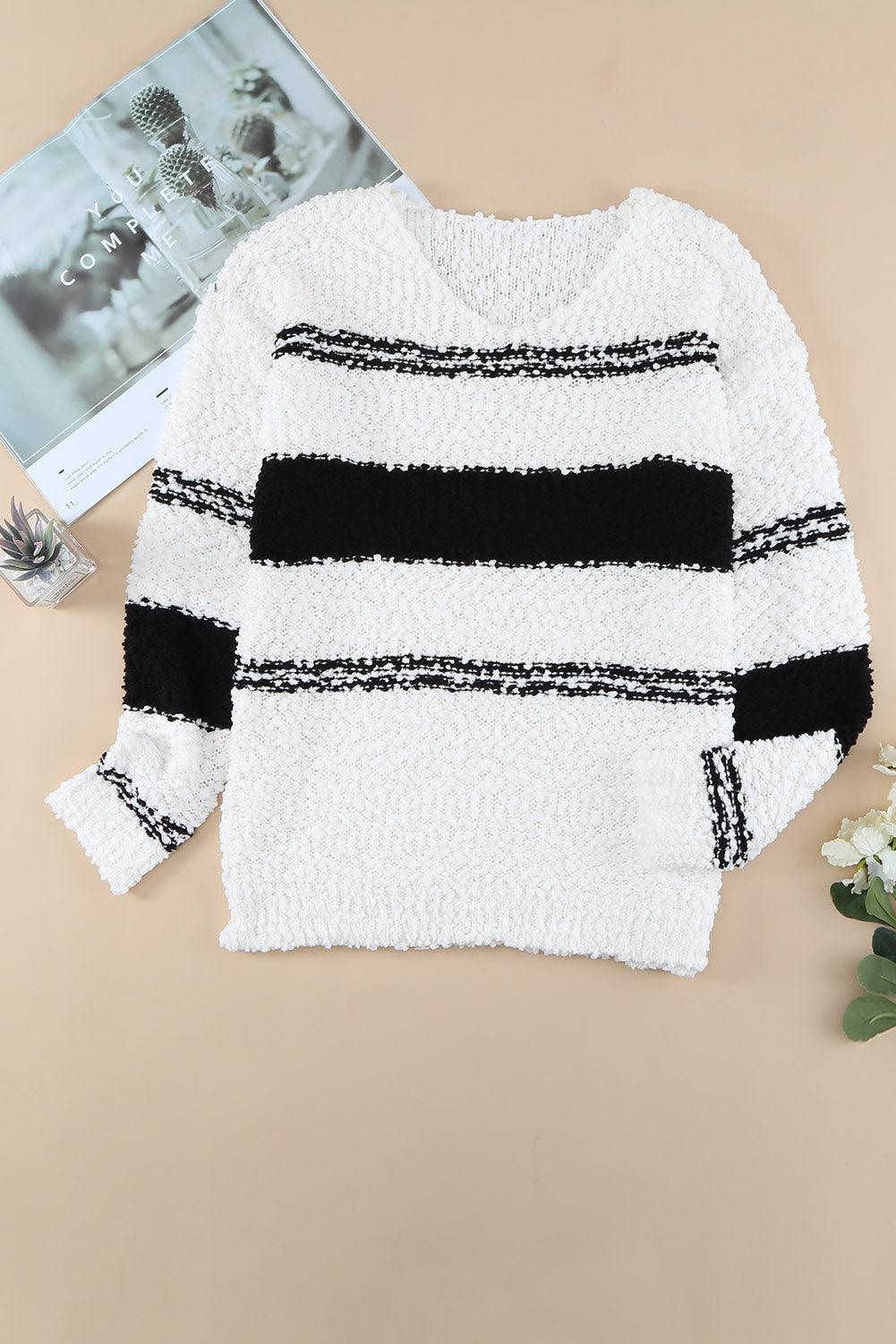 Striped V-Neck Popcorn Knit Sweater - Sweater