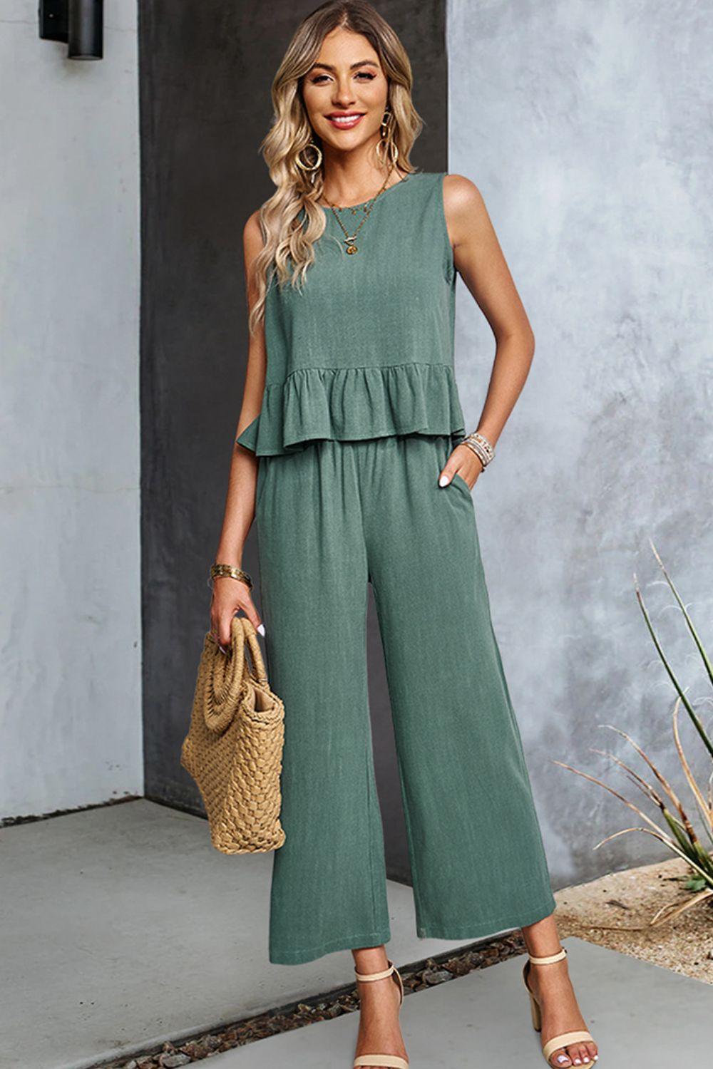 Ruffle Hem Tank and Straight Leg Pants Set - Pant & Top