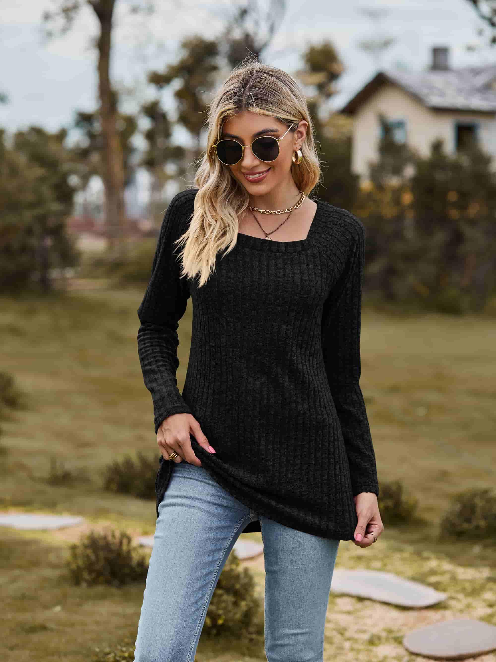 Ribbed Square Neck Long Sleeve Top - Top