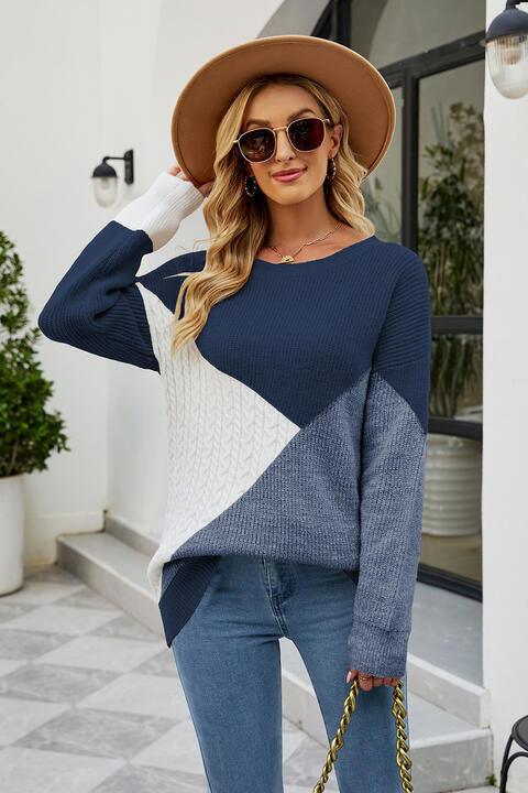 Color Block Round Neck Sweater - Sweater