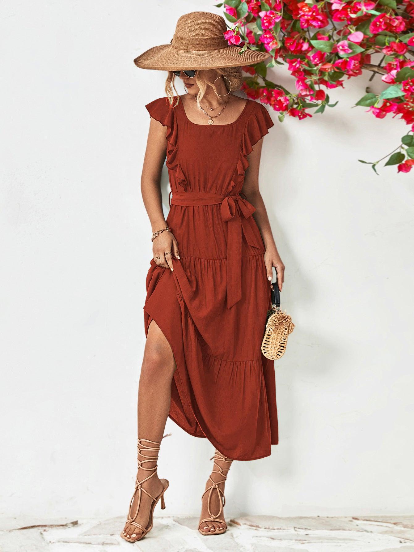 Tie Belt Ruffled Tiered Midi Dress - Dresses