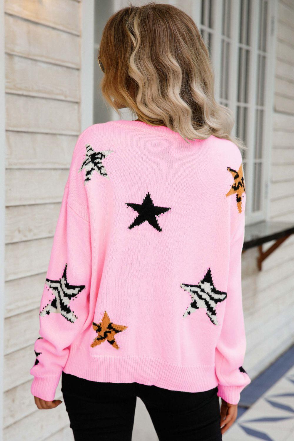 Star Pattern Round Neck Dropped Shoulder Sweater - Sweater