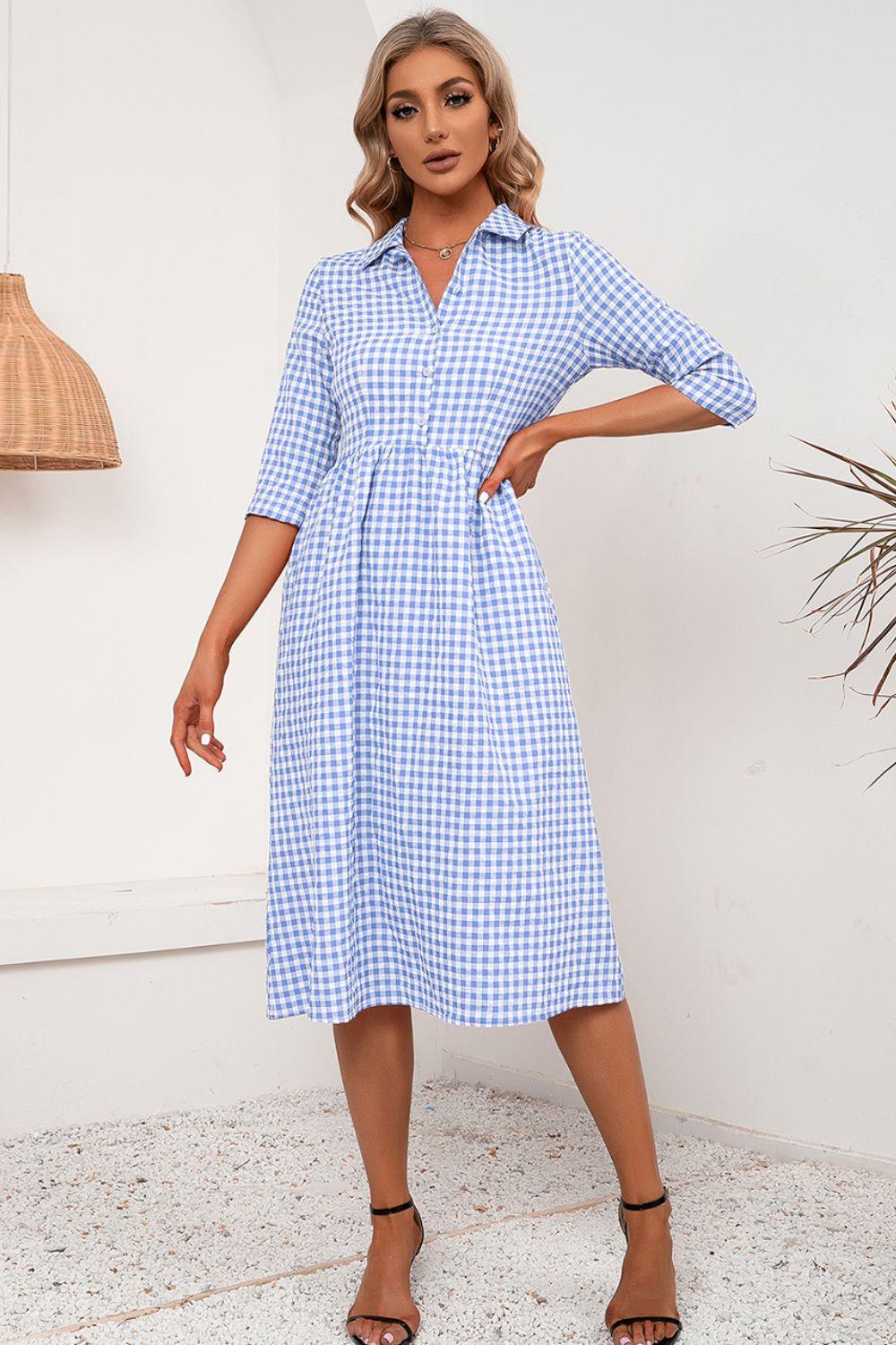 Plaid Collared Neck Midi Dress - Dresses