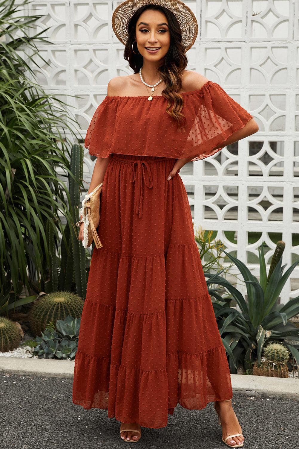 Swiss Dot Off-Shoulder Tiered Maxi Dress - Dresses