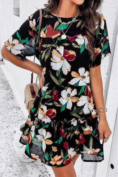 Floral Tiered Round Neck Mini Dress - Dresses