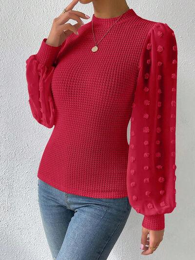 Swiss Dot Waffle-Knit Lantern Sleeve Top - Top