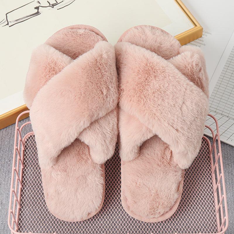 Faux Fur Crisscross Strap Slippers - Slippers