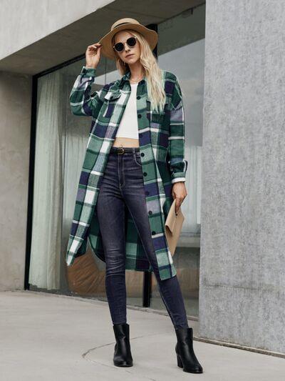 Plaid Pocketed Button Up Trench Coat - Coat