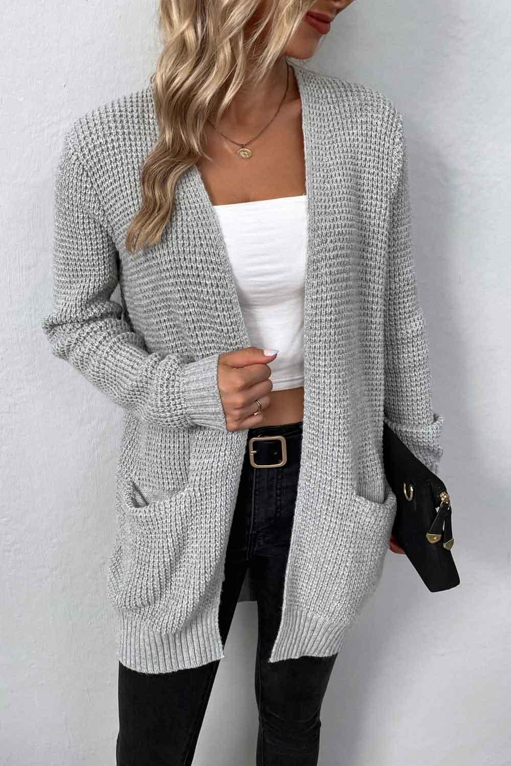 Rib-Knit Open Front Pocketed Cardigan - Cardigan