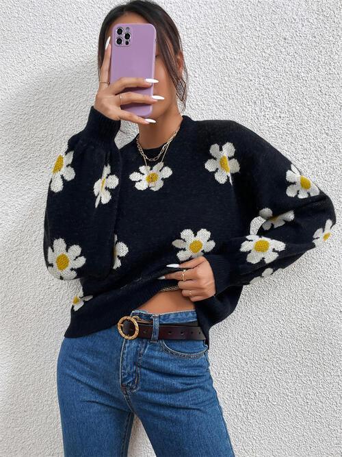 Flower Round Neck Latern Sleeve Sweater - Sweater