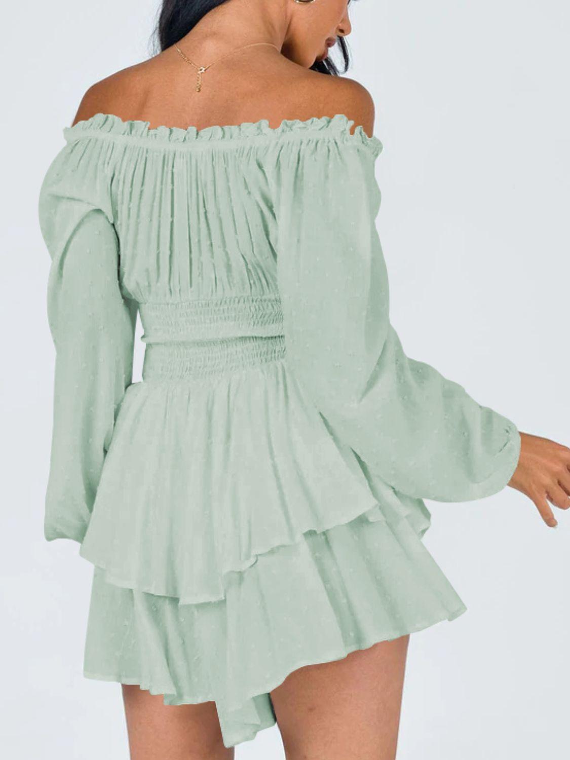 Off Shoulder Smocked Waist Long Sleeve Mini Dress - Dresses