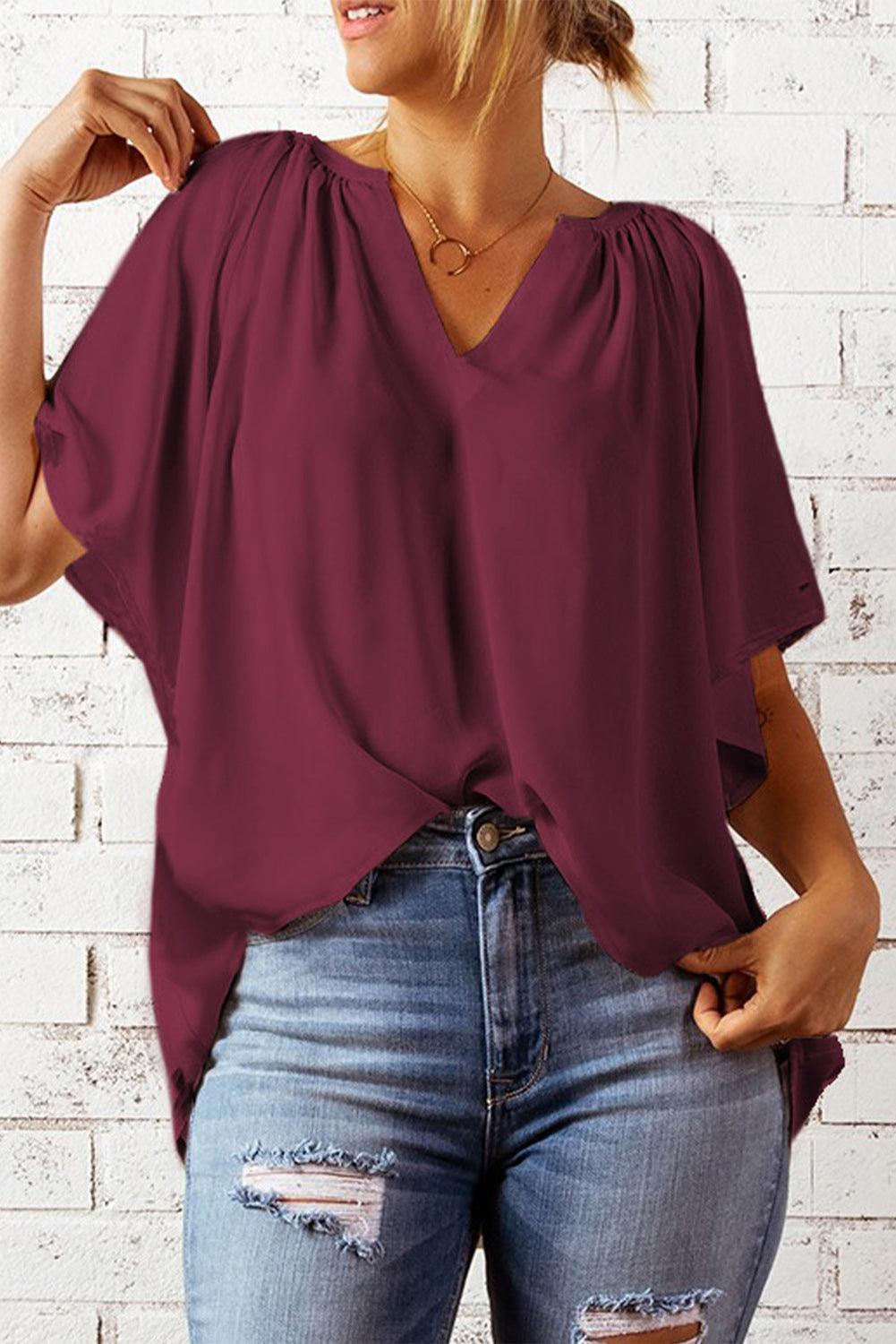 Gathered Detail Notched Neck Flutter Sleeve Blouse - Blouse