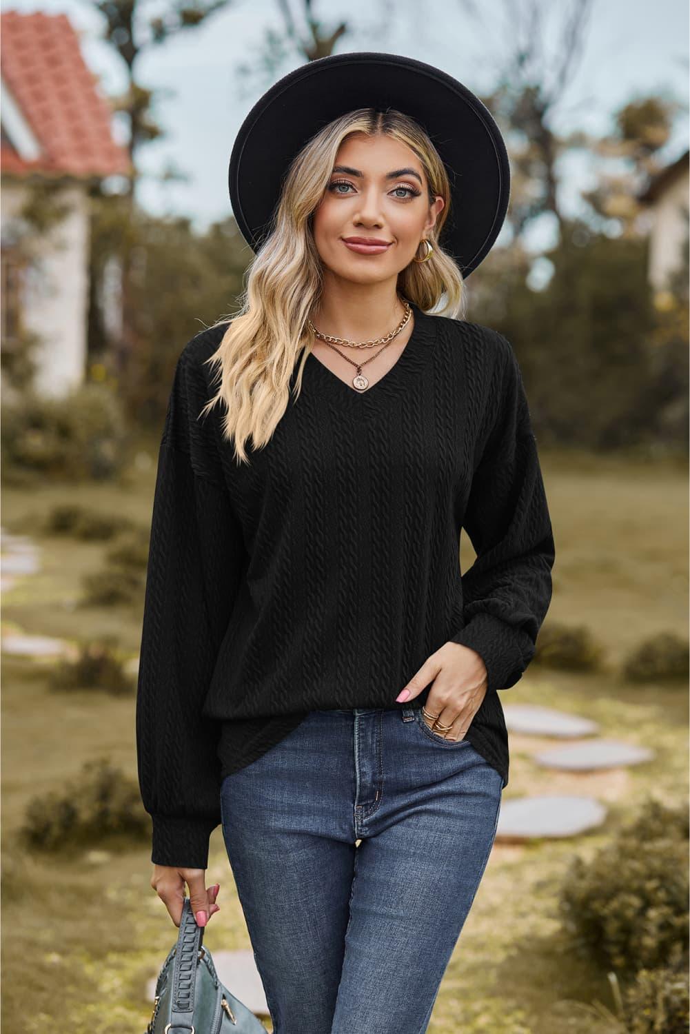 V-Neck Dropped Shoulder Long Sleeves Top - Top