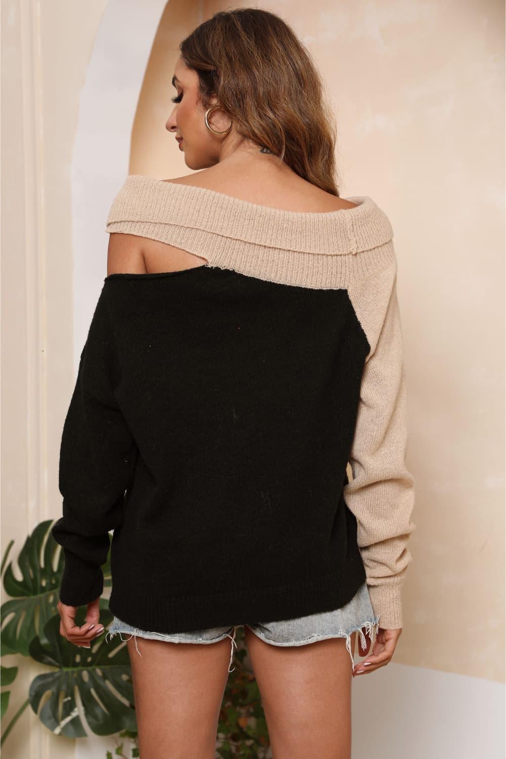 Asymmetrical Long Sleeve Two-Tone Cutout Sweater - Sweater