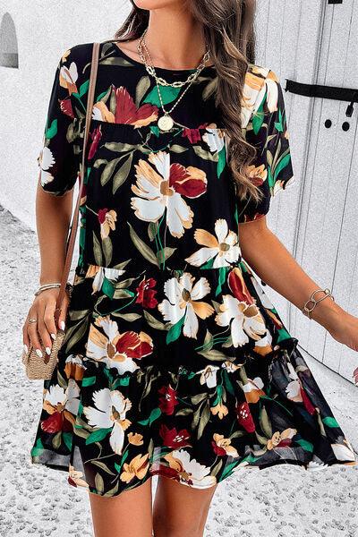 Floral Tiered Round Neck Mini Dress - Dresses