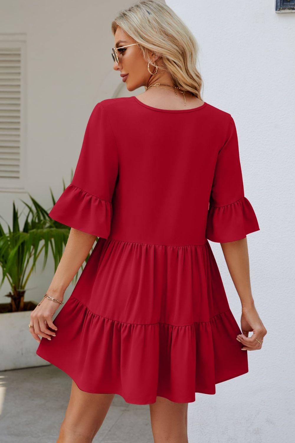 Tied Flounce Sleeve Tiered Mini Dress - Dresses