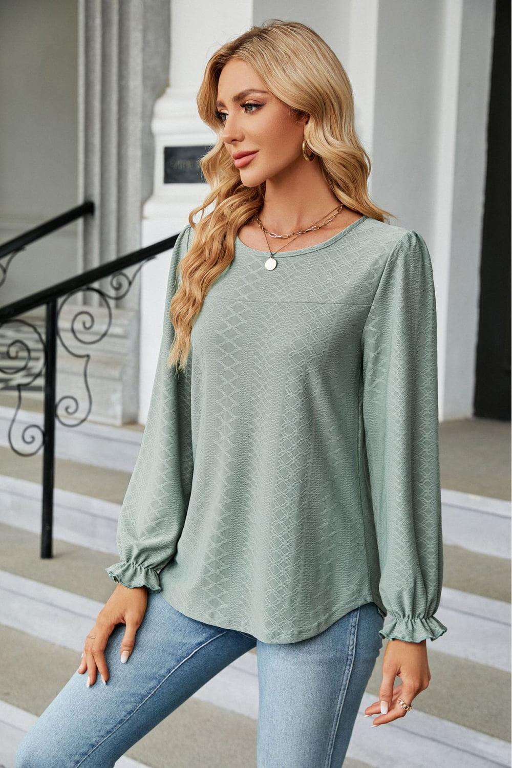 Round Neck Long Flounce Sleeve Top - Top