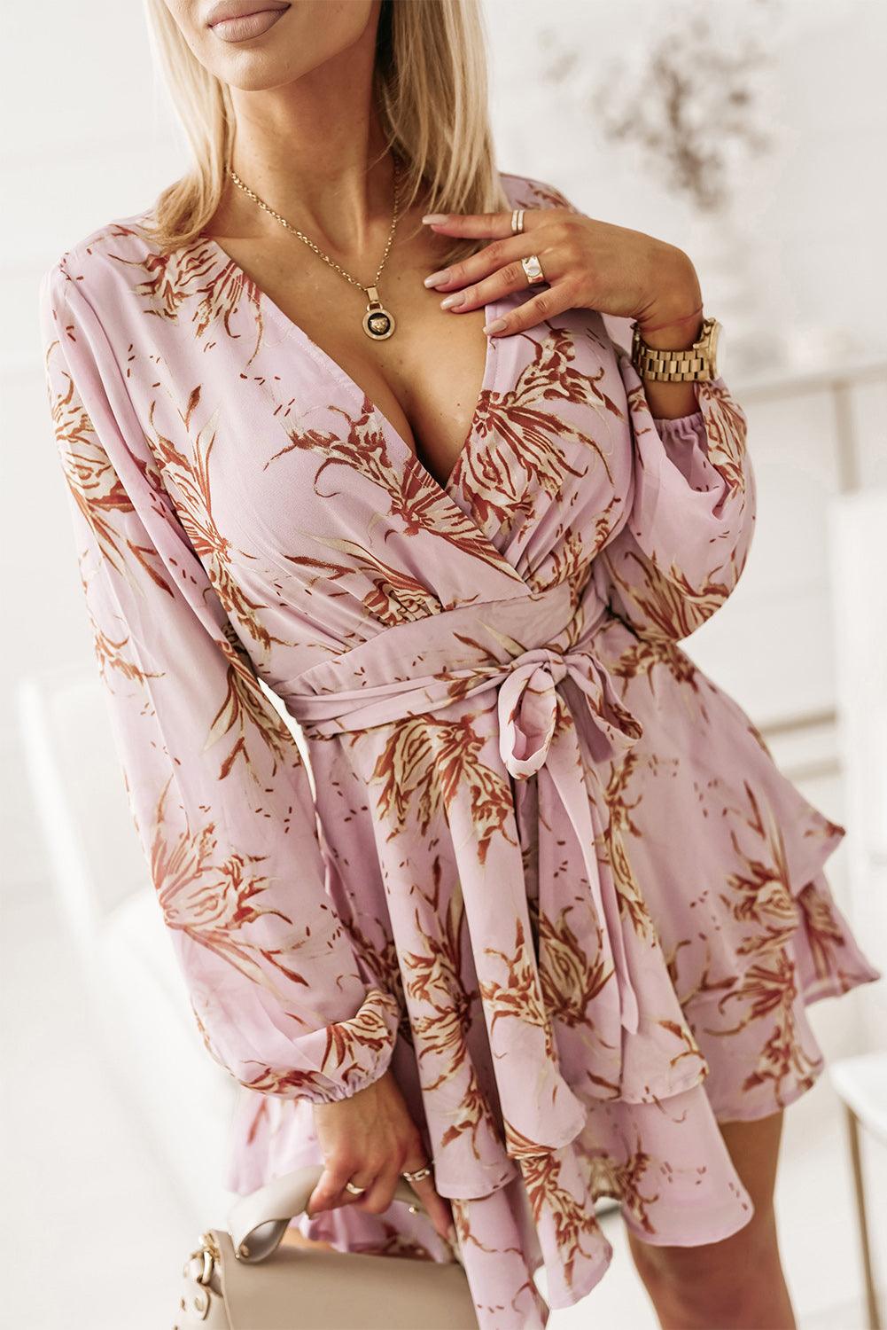 Floral Surplice Balloon Sleeve Mini Dress - Dresses