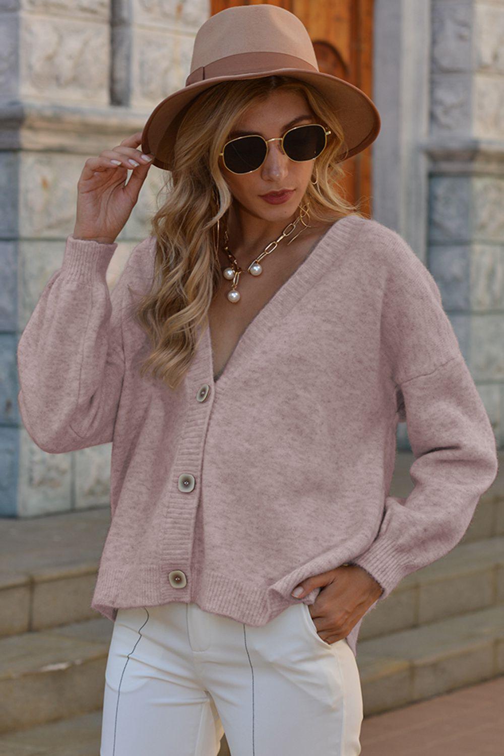 V-Neck Button-Down Dropped Shoulder Cardigan - Cardigan