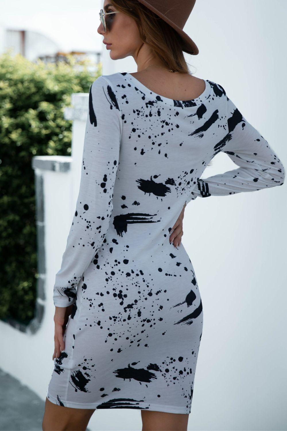 Printed Boat Neck Long Sleeve Bodycon Mini Dress - Dresses