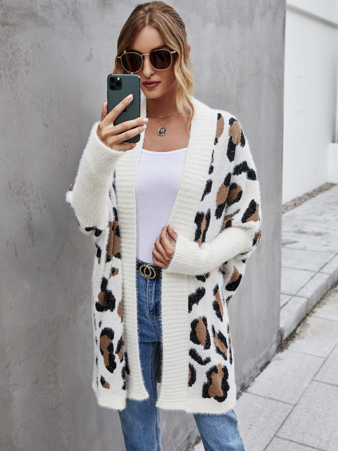 Leopard Pattern Open Front Fuzzy Cardigan - Cardigan