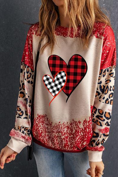 Heart Leopard Round Neck Sweatshirt - Sweatshirt