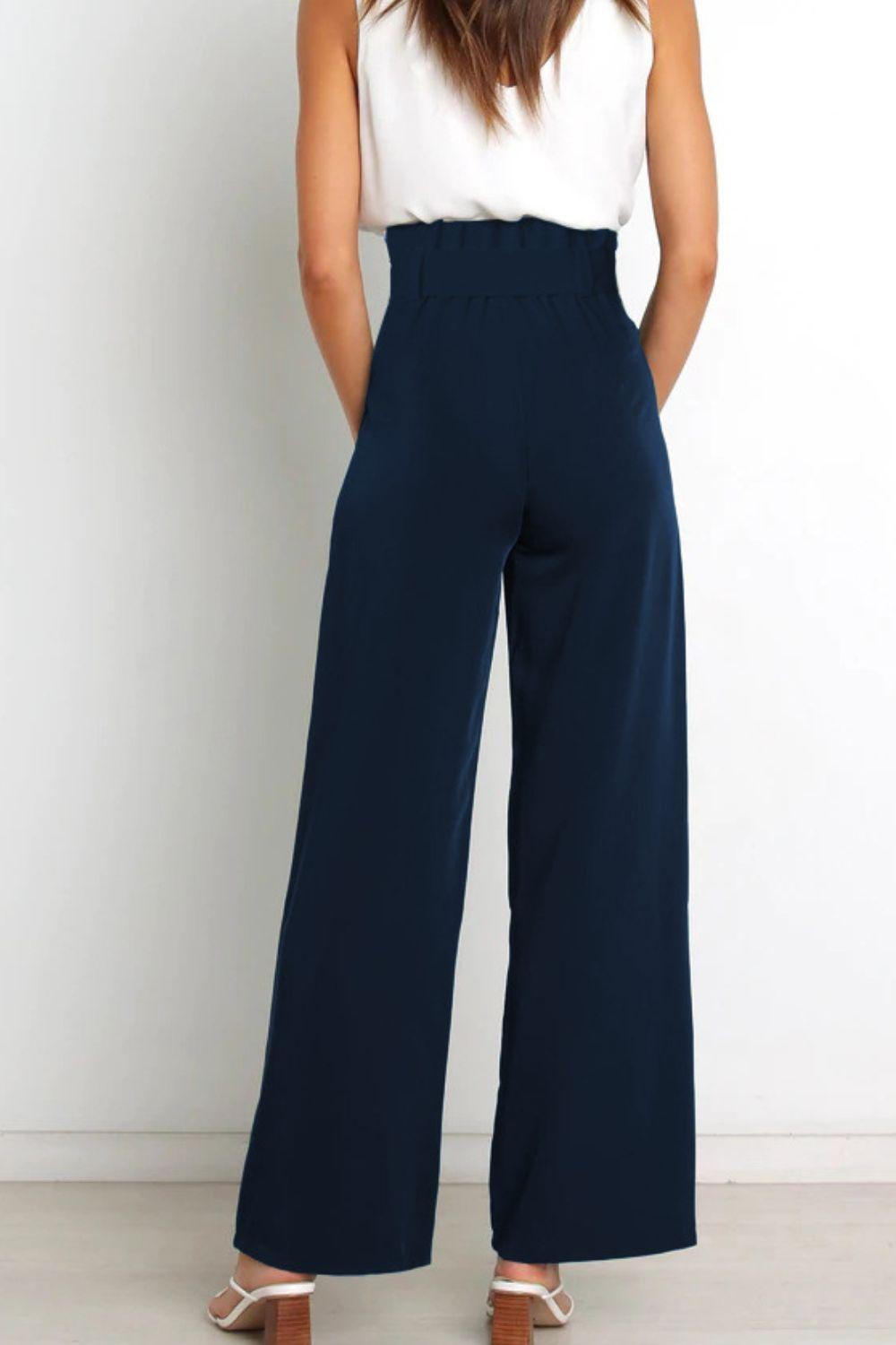 Tie Front Paperbag Wide Leg Pants - Pant