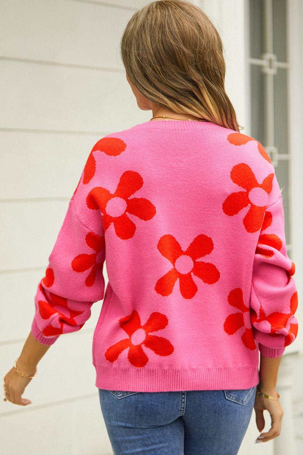 Floral Print Round Neck Dropped Shoulder Pullover Sweater - Sweater