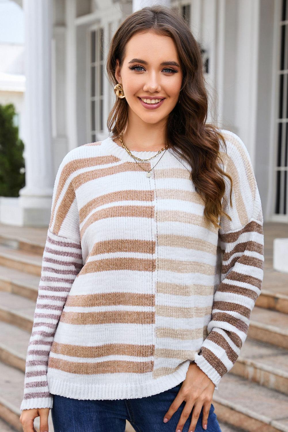 Striped Round Neck Dropped Shoulder Sweater - Sweater