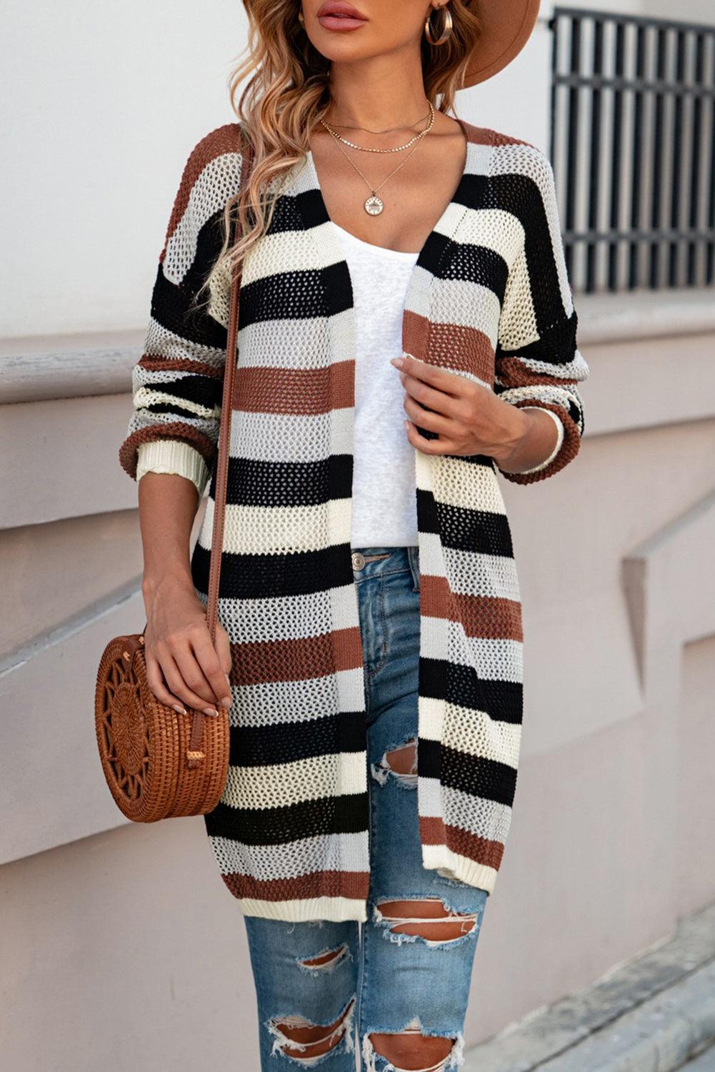 Full Size Striped Long Sleeve Openwork Cardigan - Cardigan