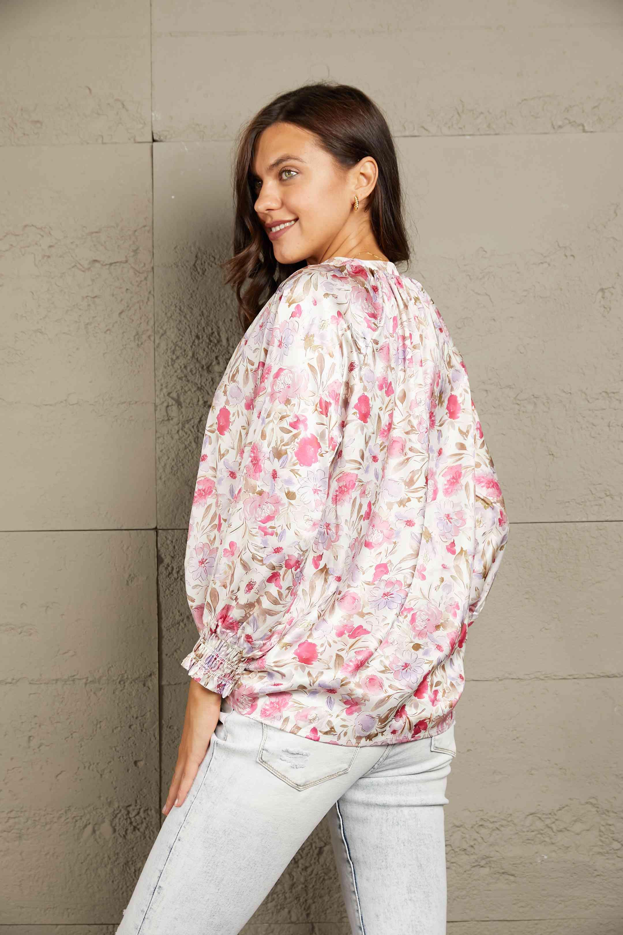 Double Take Floral V-Neck Long Sleeve Shirt - Shirt