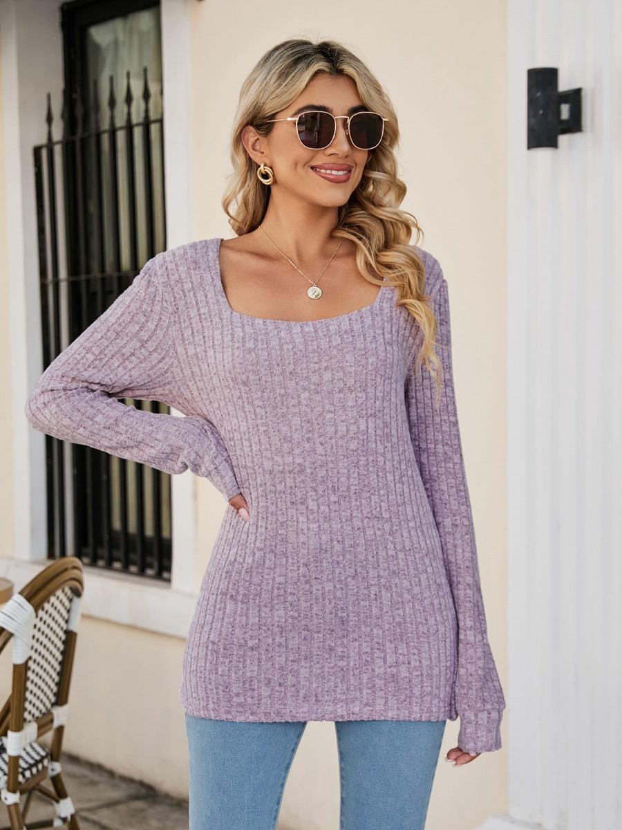 Square Neck Ribbed Long Sleeve Top - Top