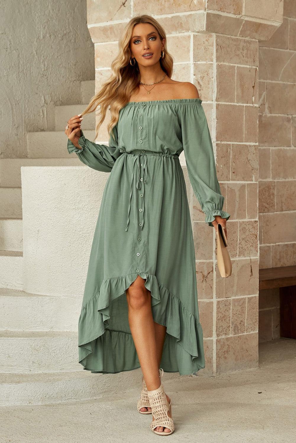 Drawstring Off-Shoulder Flounce Sleeve Dress - Dresses