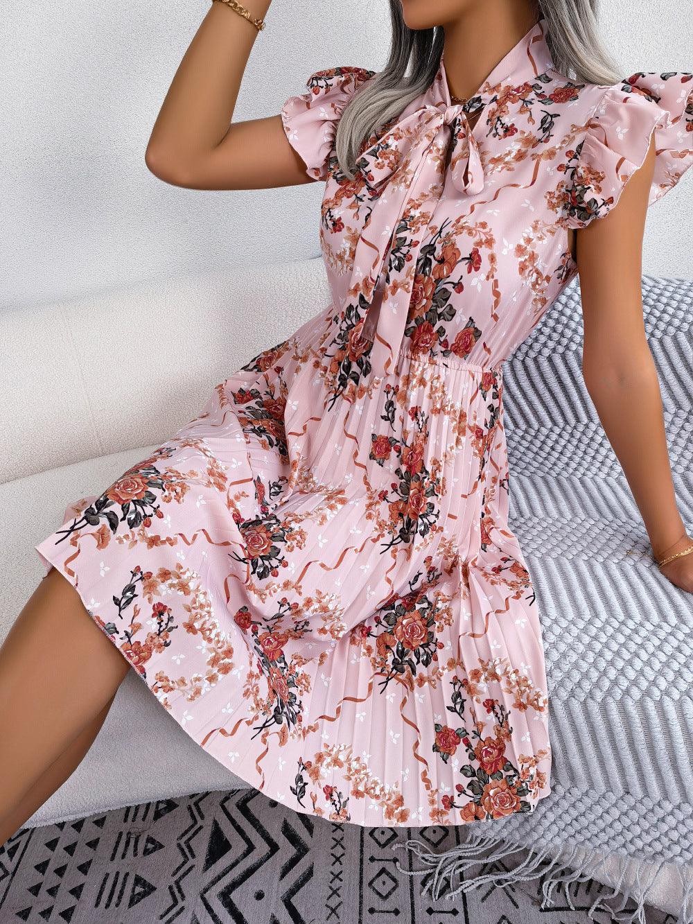 Pleated Floral Printed Tie Neck Knee Length Dress - Dresses