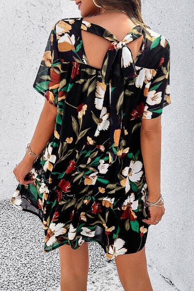 Floral Tiered Round Neck Mini Dress - Dresses