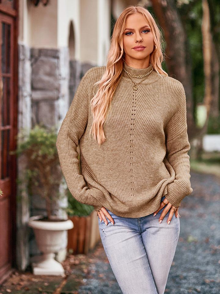 Ribbed Mock Neck Dropped Shoulder Sweater - Sweater