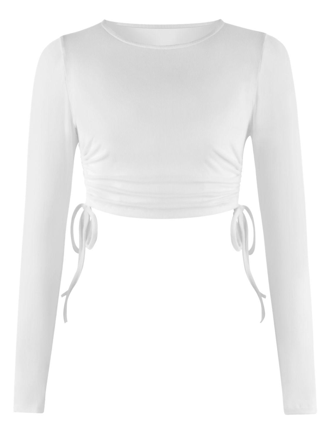 Cropped Drawstring Round Neck Long Sleeve Top - Top