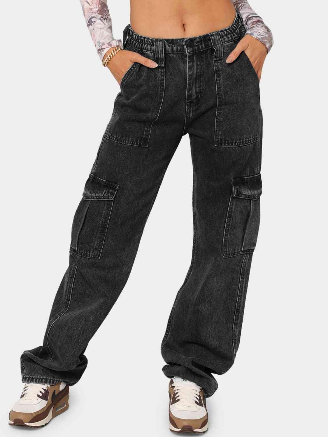 Straight Leg High Rise Cargo Jeans - Jeans