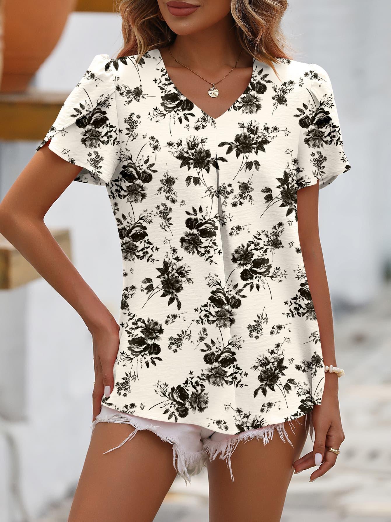 Ruched V-Neck Short Petal Sleeve Top - Top