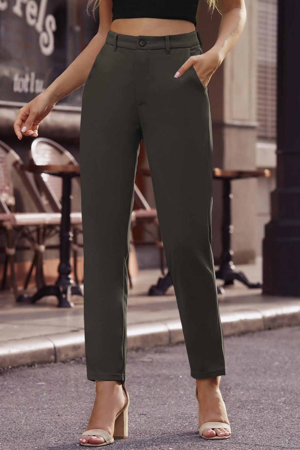 Cropped Straight Leg High Waist Pants with Pockets - Pant