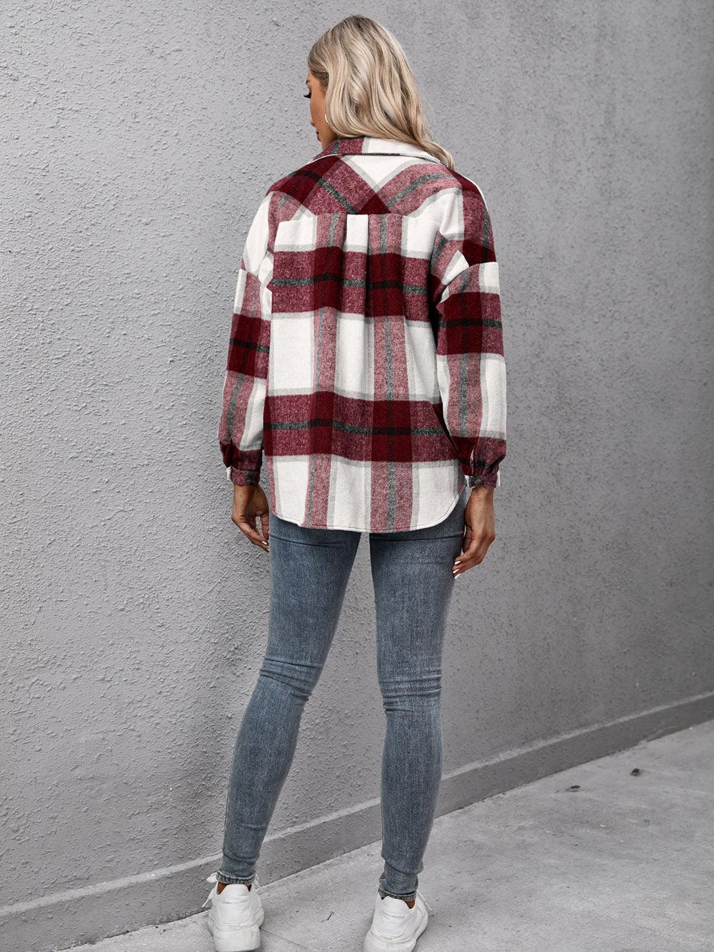 Plaid Long Sleeve Shirt Jacket - Jacket